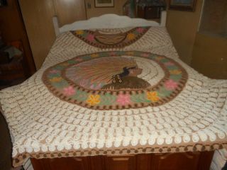 Rare Antique Indian Chief Chenille King Size Bedspread Has 2 Hole Frays Great Co