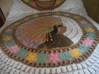 RARE ANTIQUE INDIAN CHIEF CHENILLE KING SIZE BEDSPREAD HAS 2 HOLE FRAYS GREAT CO 2