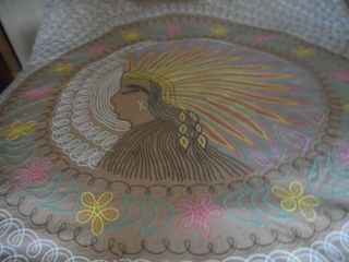 RARE ANTIQUE INDIAN CHIEF CHENILLE KING SIZE BEDSPREAD HAS 2 HOLE FRAYS GREAT CO 9