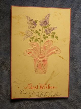 Vintage Postcard Best Wishes,  Purple Lilacs