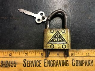 Old Vintage Brass Jwm Padlock Lock & Key