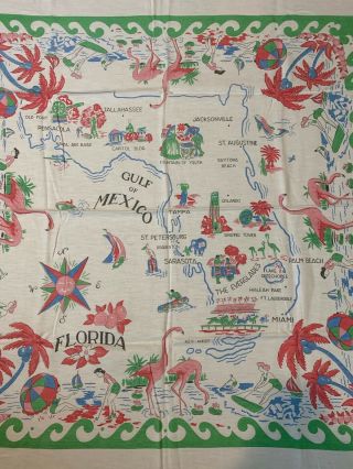 Florida State Map Tablecloth Gulf Of Mexico Palms Flamingos 30s 40s?