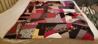 Vtg Hand Stitched Handmade Crazy Patchwork Quilt Silk Wool Velvet Plaids 60 X 70