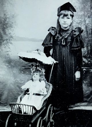 Spectacular 1/6 Plate Tintype - Adorable Girl W/ Doll Stroller & An Doll