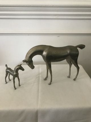 Vintage Horse And Foal Pewter Figurines Marked C.  8” Long X 6” Tall,  Foal 3.  5x3”