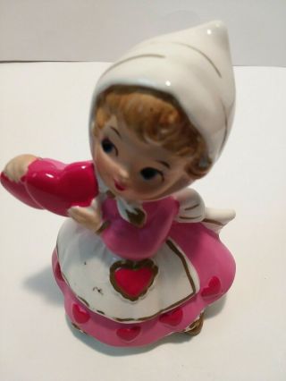 Vintage Valentine Girl Holding Hearts Ceramic Figurine Lefton Japan