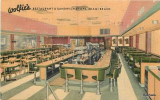 1940s Wolfies Restaurant Sandwich Shops Miami Florida Teich Linen Postcard 383
