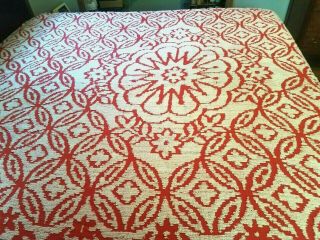 Vintage Red/orange And White Chenille Bedspread 96 " X 105 ",  Regular Bed,