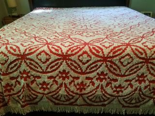 Vintage RED/ORANGE AND WHITE Chenille Bedspread 96 