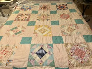 Vtg handmade quilt 80 X 68 Diamond pattern very old hand Sewn And quilted - 50’s 4