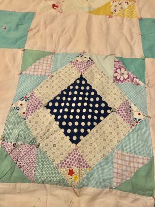 Vtg handmade quilt 80 X 68 Diamond pattern very old hand Sewn And quilted - 50’s 5