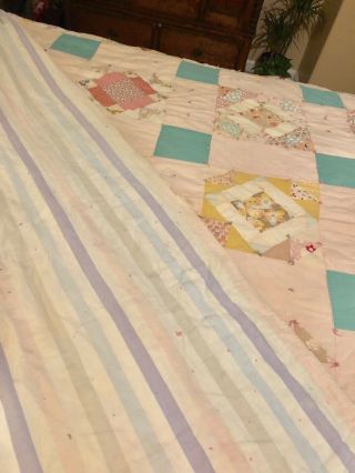 Vtg handmade quilt 80 X 68 Diamond pattern very old hand Sewn And quilted - 50’s 7