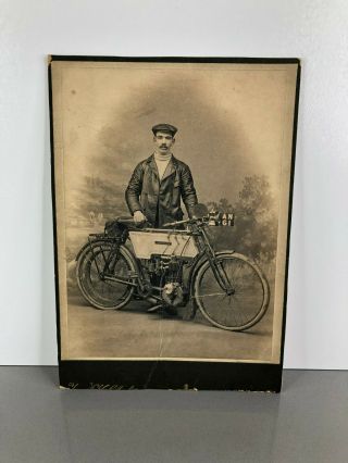 Antique Cabinet Card Photo 1905 Grounfield Motocycle 1900s Old Early Motorcycle