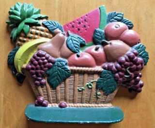 Vintage Painted Cast Iron Door Stop Basket Of Fruit