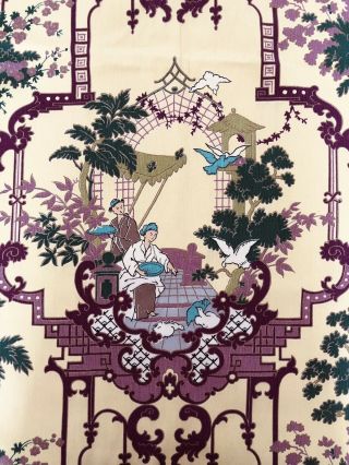 Vintage 50 ' s Barkcloth Curtain Panel Fabric Yellow Purple Asian 47” X 80” 3