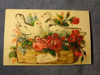 Vintage Postcard Best Wishes,  Basket Of Flowers With White Doves