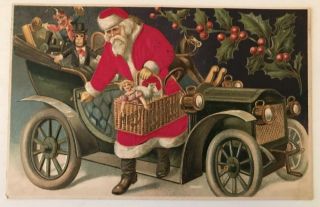 Silk Santa Claus In Car Toy Basket Monkey Doll Antique Christmas Postcard - C335
