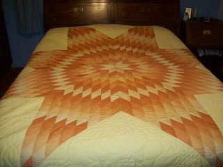 Star Quilt Yellow Browns Full Size Hand Stitched 86 " X86 "