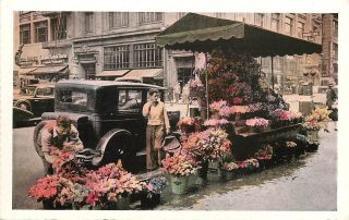 Street Flower Stands Of San Francisco Postcard.  Deckled Edges.  Ols Car