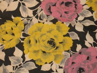 Vtg 1940s Bold Pink Rose Yellow Floral Black Cotton Decor Fabric Curtain 34x69