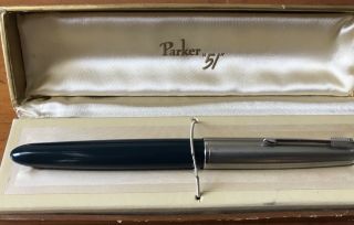 Parker 51 Fountain Pen Cedar Blue Silver Aerometric Filler W/ Box 1950s