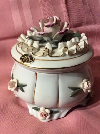 Vintage Nuova Capodimonte Porcelain Rose Floral Decorative Bowl Lid Trinket Box