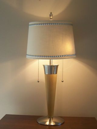 Vintage Atomic Wood Base Table Lamp Chrome With Shade - Emess