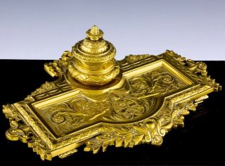 Large Victorian Rococo Revival Solid Brass Inkwell Pen Stand Tray N/r