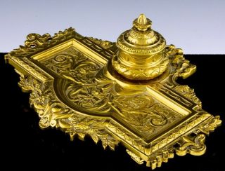 LARGE VICTORIAN ROCOCO REVIVAL SOLID BRASS INKWELL PEN STAND TRAY N/R 2