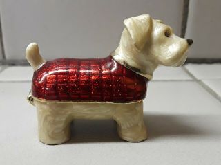 Vintage Monet - Enamel Trinket Box,  Scottie Dog In Red Checked Sweater