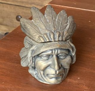 Antique Native American Indian Head Silver - Tone Pot Metal Inkwell