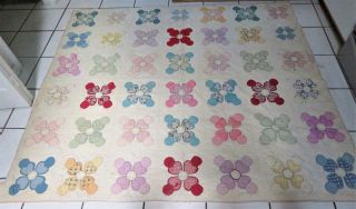 Vintage Hand Made Quilt Patchwork,  Pink & White,  Floral,  77 " X 68 "