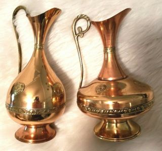 Set Of 2 Vintage Brass Pitcher Ornate Etch Design Vases Urn Handle Aladdin Lamps