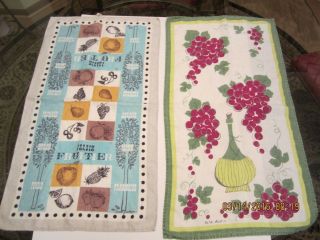 2 Vintage Linen Kitchen Tea Towels By Faith Austin & Sewell Jackson - Fruit Design