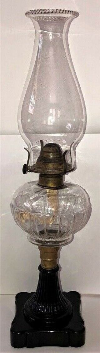 Antique 19thc Boston Sandwich Glass Oil Lamp Black Glass Base Clear Font Chimney