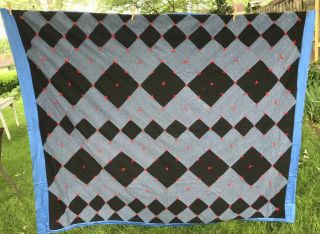 Vtg Quilt Handmade Wool Black Red Gray Blue Twin 64 " X 82 " Patchwork