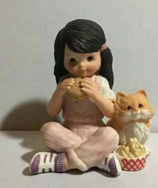 Vintage Enesco Bisque Porcelain Girl W Hamburger & Kitty Cat Figurine