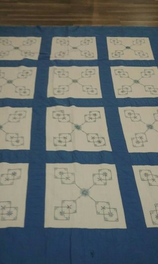 Large Vintage Blue Hand Embroidered Quilt 70 " X 90 "
