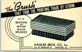 1939 Chicago Linen Ad Postcard Haisler Bros.  Co.  " Benzine & Water Wash Brushes "