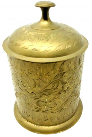 World Gift India Zy Vintage Solid Brass Etched Engraved Canister Holder With Lid
