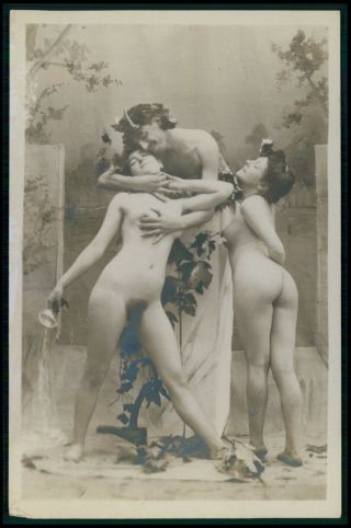 French Full Nude Woman With Devil Girls Early 1900s Photo Postcard