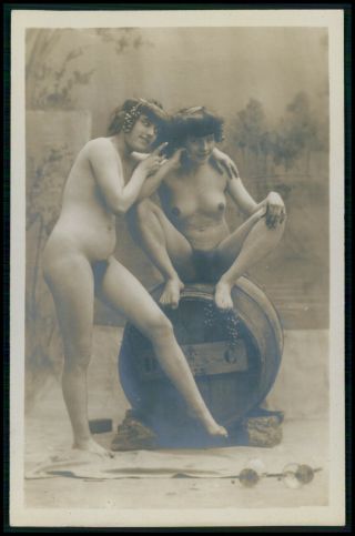 French Full Nude Woman Wine Barrel Girls Early 1900s Photo Postcard