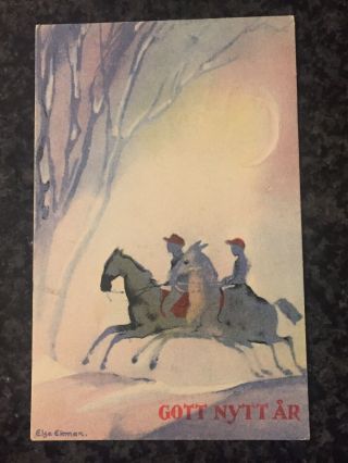 Vintage Swedish Mini Postcard Year’s Christmas? Men Riding Horses
