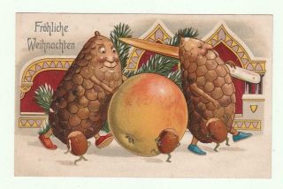 Vintage German Christmas Postcard Apple Nuts Running Pine Cones ?