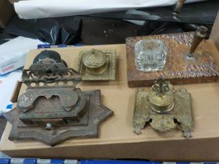 5 Antique Inkwells,  Marble,  Brass,  Victorian Art Deco,  Glass Inserts