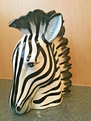 Vintage Fitz & Floyd Ff Zebra Head Vase - White And Black - Jungle - 9 " Tall