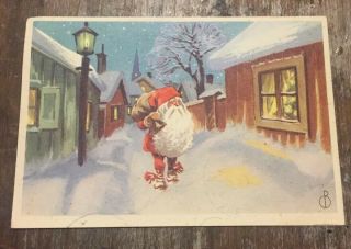 Vintage Swedish Mini Postcard Santa Gnome Walking Streets Christmas