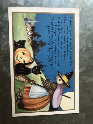 Vintage Whitney Halloween Postcard Witch Owl With Pumpkins