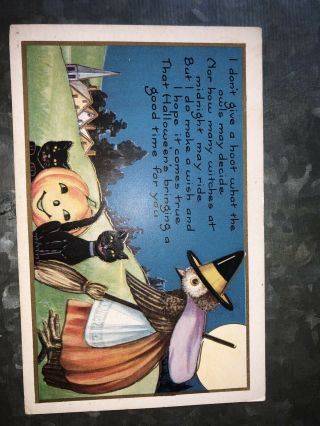 VINTAGE WHITNEY HALLOWEEN POSTCARD Witch Owl With Pumpkins 2