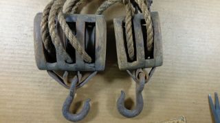 Vintage Double & Triple Wooden Pulleys Block And Tackle With Rope